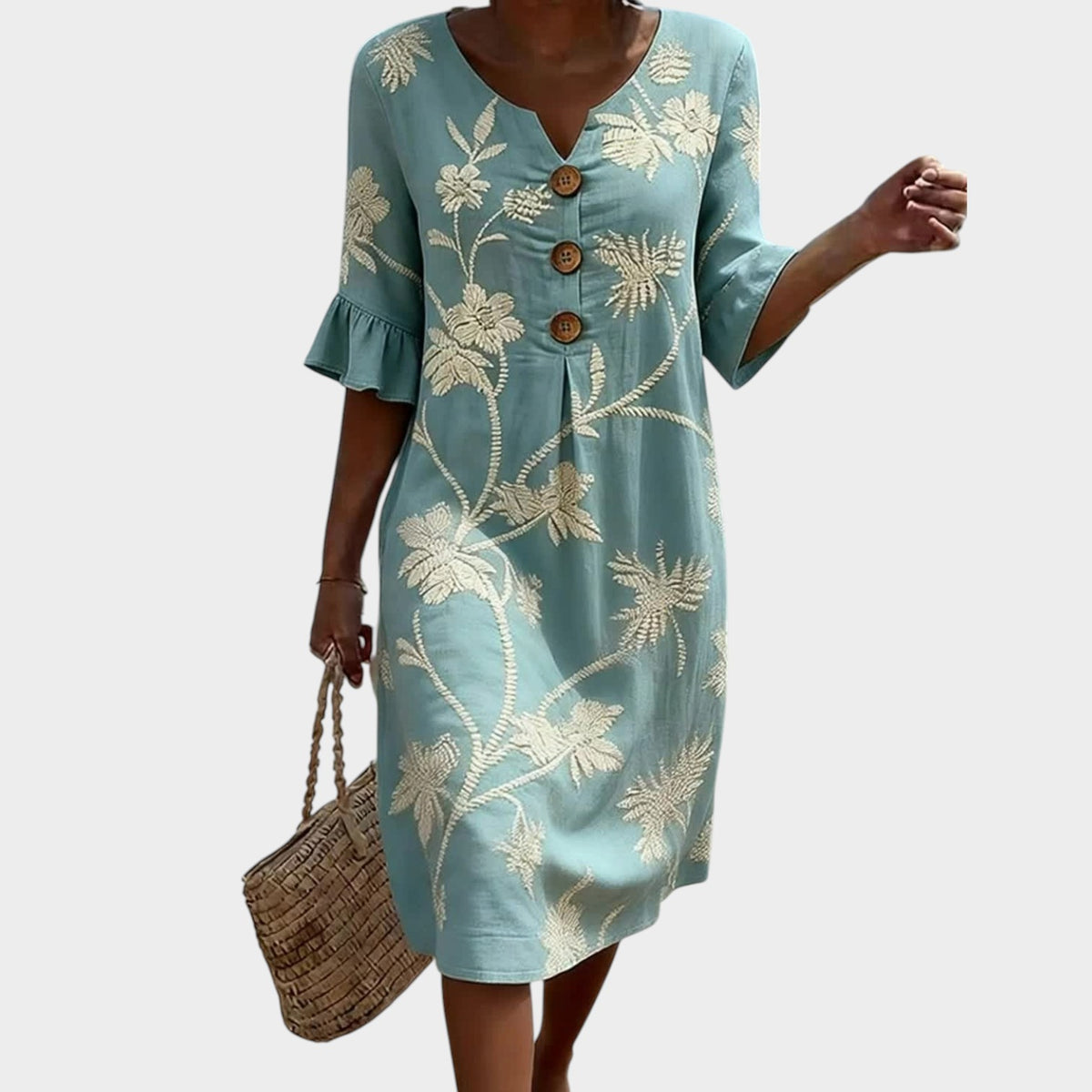 Women’s Floral Midi Dress with Button Front and Ruffle Sleeves