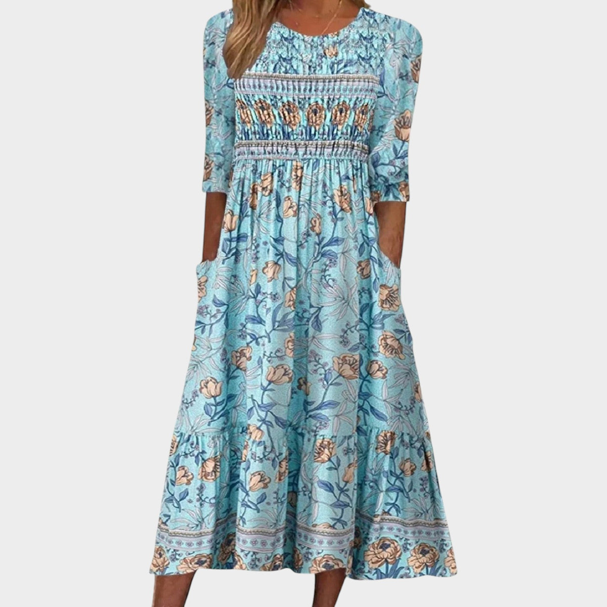 Women’s Floral Midi Dress with Round Neck, 3/4 Sleeves and Pockets