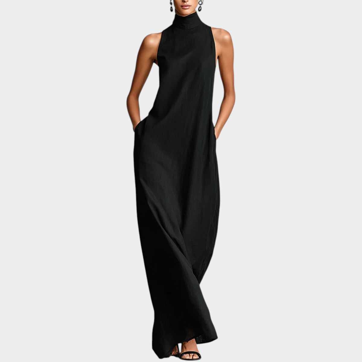 Women’s Sleeveless Maxi Dress with High Neck and Side Pockets