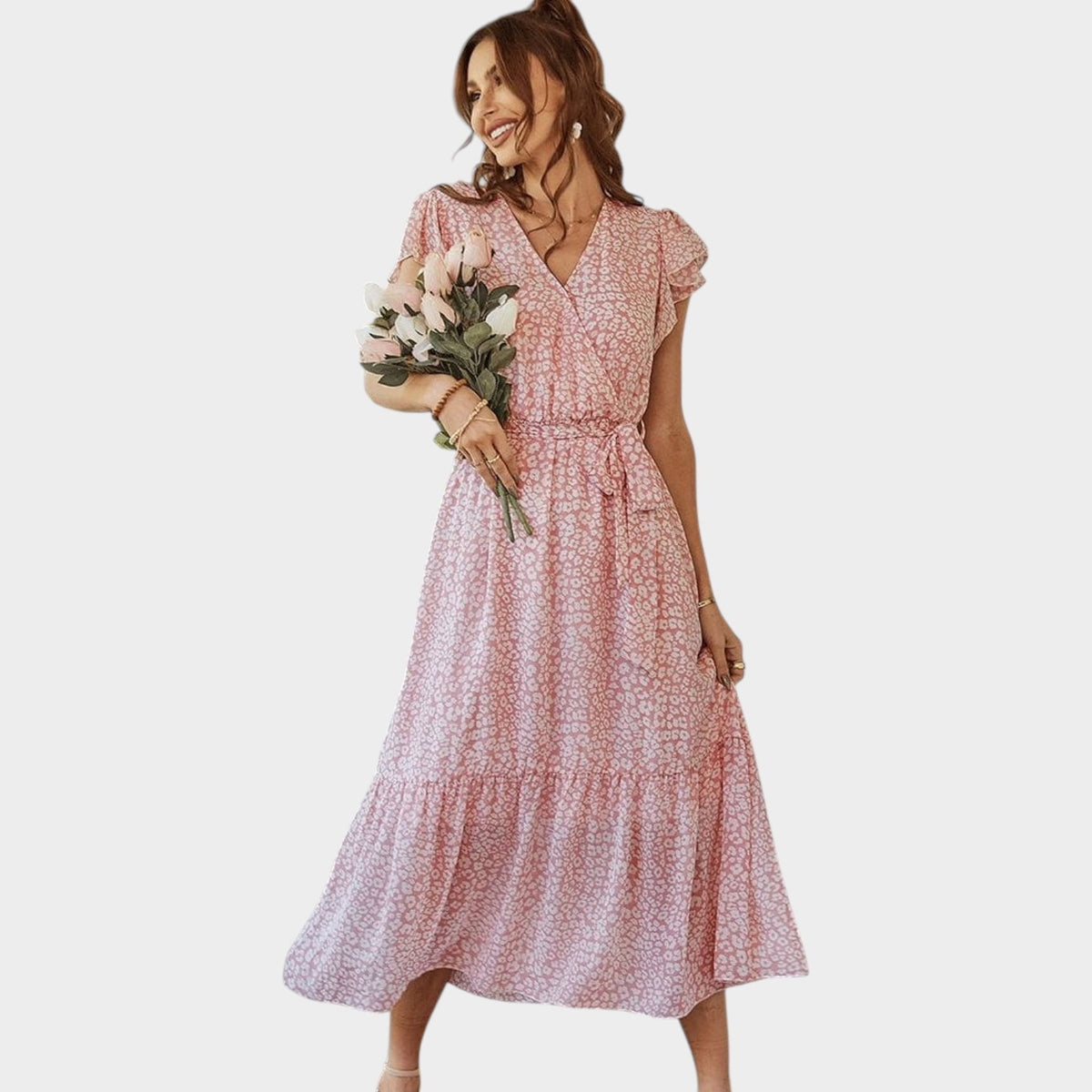 Women’s Floral Midi Dress with V-Neck, Flutter Sleeves and Tie Waist