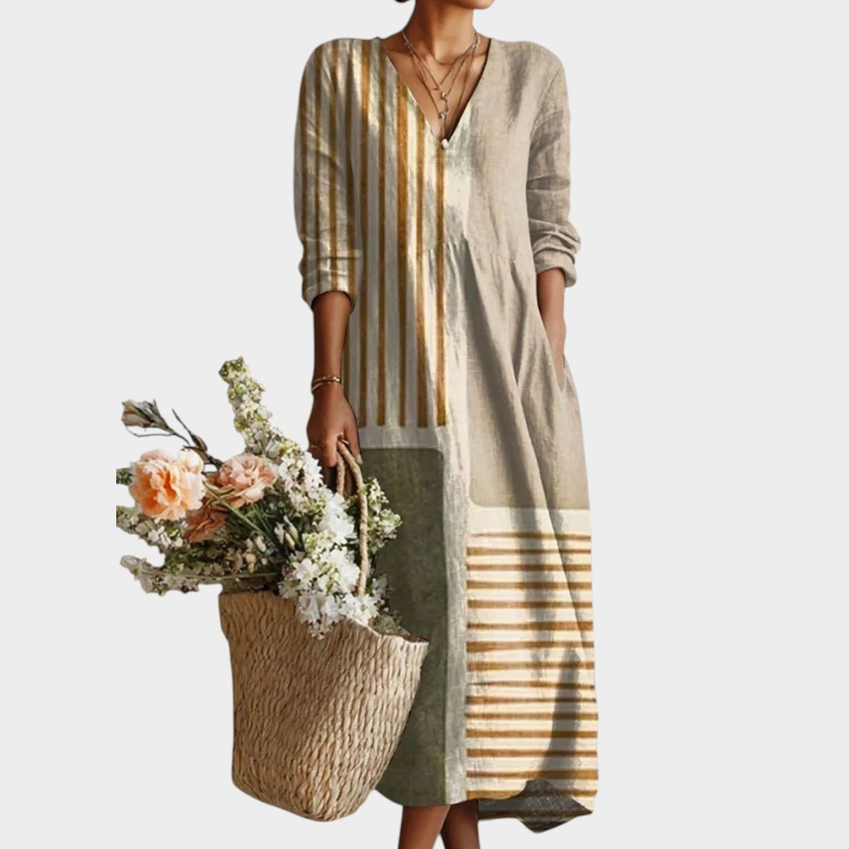 Women’s Patchwork Midi Dress V-Neck Long Sleeves with Pockets