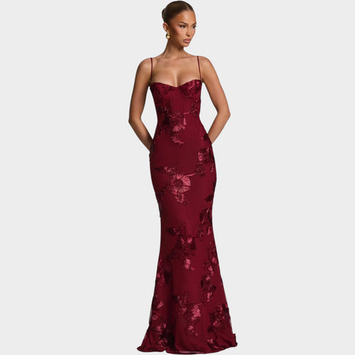 Women’s Floral Embroidered Maxi Dress with Spaghetti Straps and Sweetheart Neckline