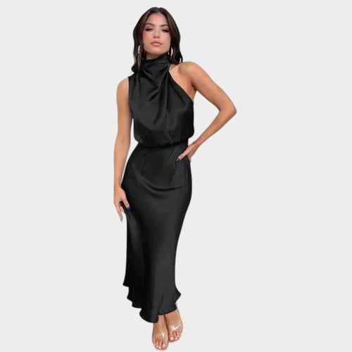 Women’s Halter Midi Dress with Draped Neckline and Gathered Waist