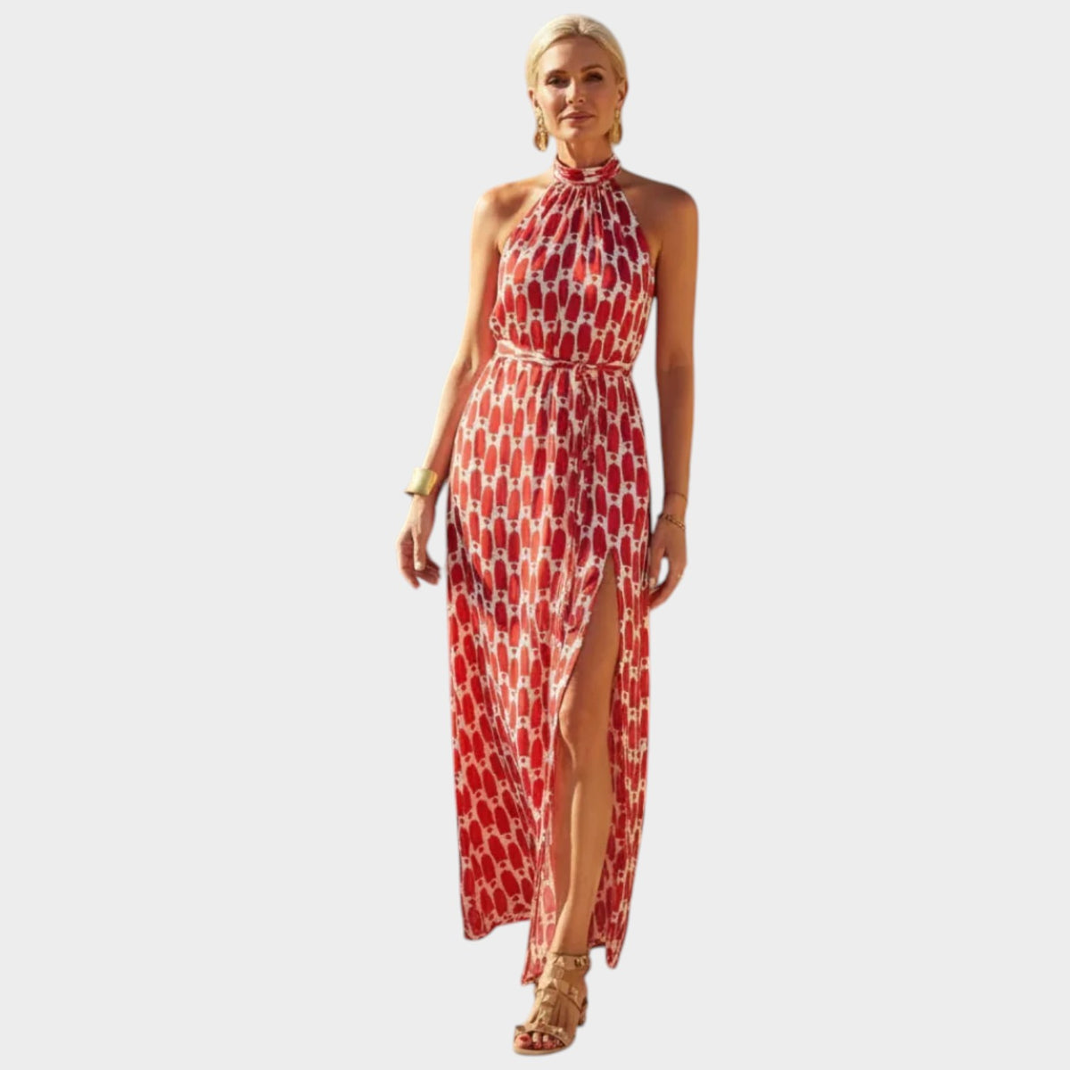 Women’s Halter Neck Maxi Dress with Geometric Print, Waist Tie and Side Slit