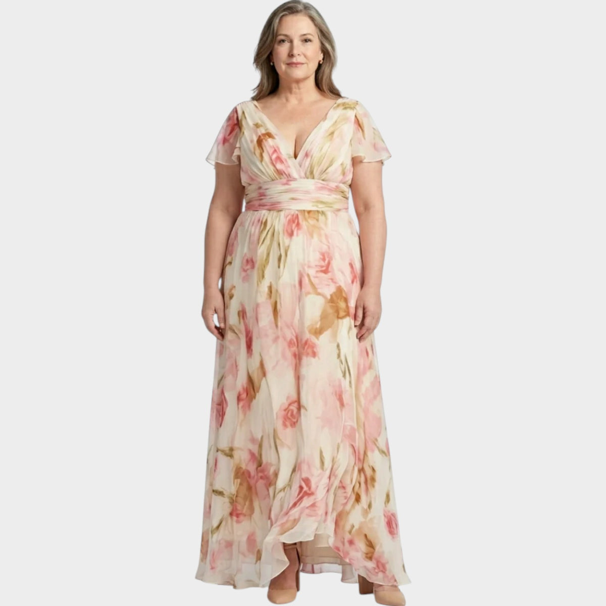 Women’s Floral Maxi Dress with V-Neck, Flutter Sleeves and Defined Waist
