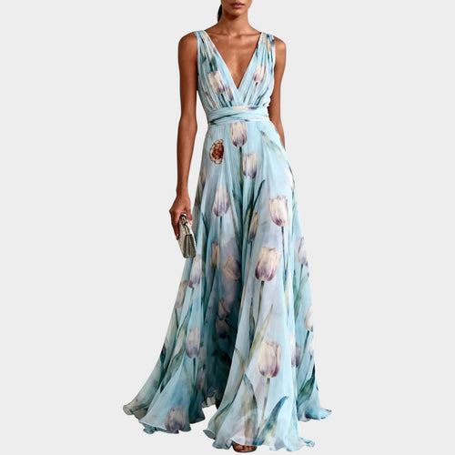 Women’s Floral Print Maxi Dress with Sleeveless Wrap Bodice and V-Neck