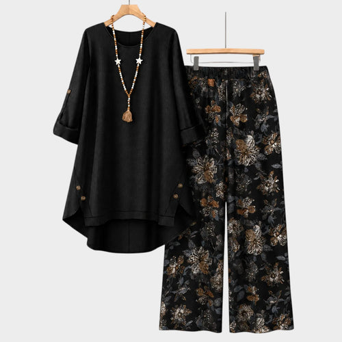 Women’s Two-Piece Set with Button-Tab Top and Floral Wide-Leg Trousers