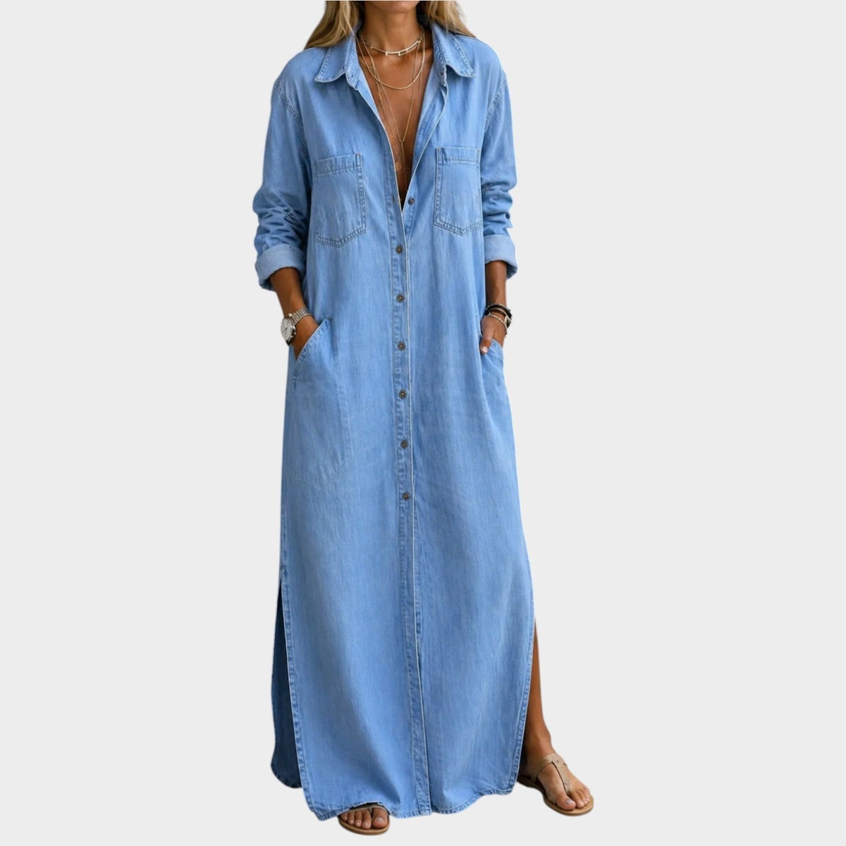 Women’s Denim Shirt Maxi Dress with Button-Down Front and Side Pockets