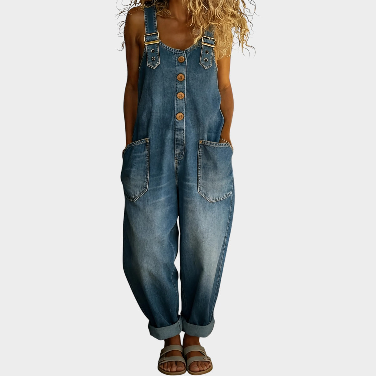 Women’s Denim Dungarees Wide-Leg Adjustable Buckle Straps