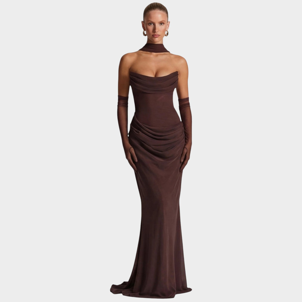 Women’s Draped Maxi Evening Dress with Strapless Neckline and Matching Scarf Detail