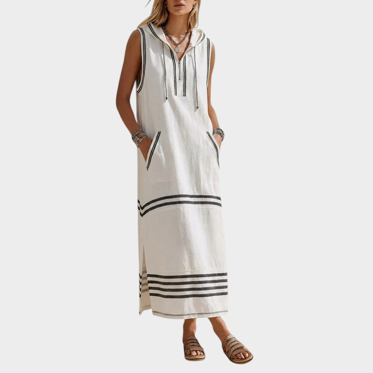 Women’s Striped Maxi Dress with Sleeveless Hooded Design and Side Pockets