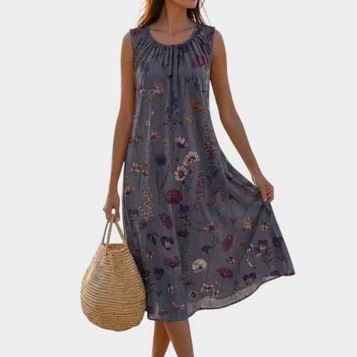 Women’s Vintage Floral Midi Dress Sleeveless Round Neck
