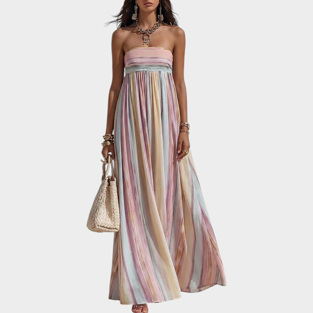 Women’s Strapless Striped Maxi Dress with Square Neckline and Flowy Skirt