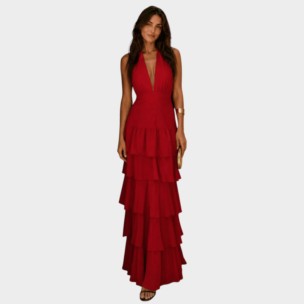 Women’s Maxi Dress Halter Neck Tiered Ruffle Skirt