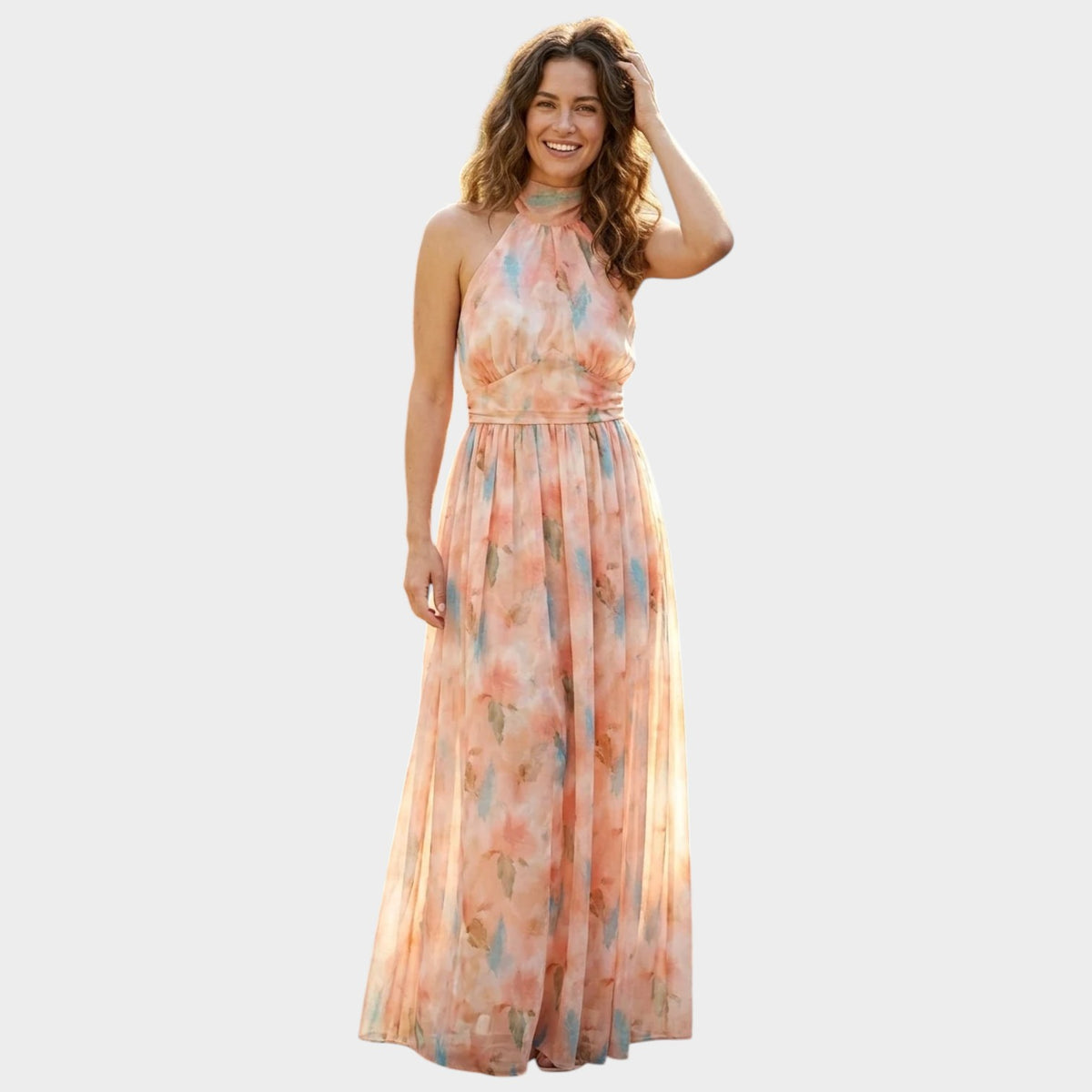 Women’s Halterneck Maxi Dress with Watercolour Floral Print and Defined Waist