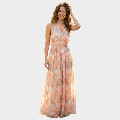 Women’s Halterneck Maxi Dress with Watercolour Floral Print and Defined Waist