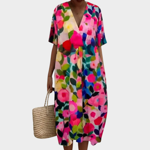 Women’s Floral Print Midi Dress with V-Neck and Short Sleeves