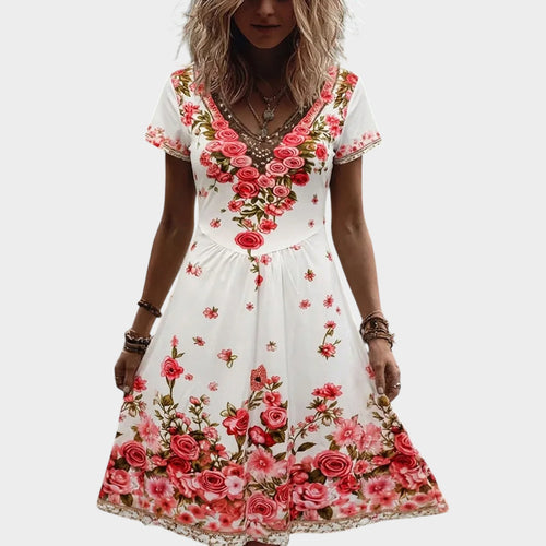 Women’s Floral V-Neck Midi Dress with Short Sleeves