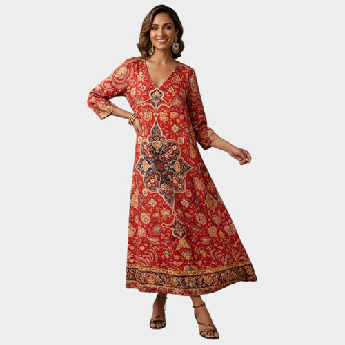 Women’s Floral Print Maxi Dress with V-Neck and Three-Quarter Sleeves