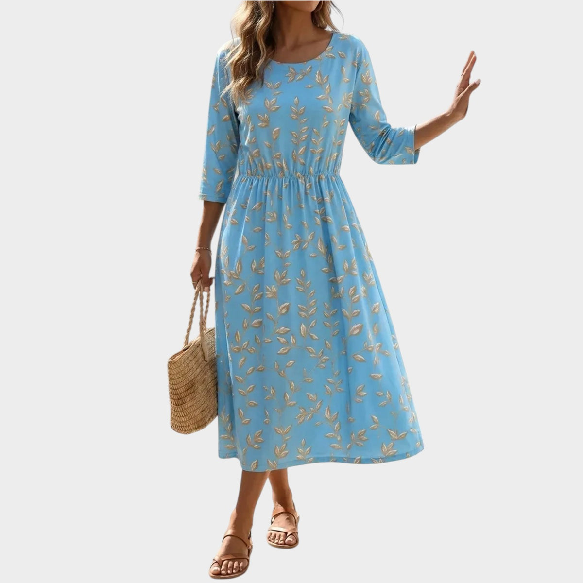 Women’s Floral Midi Dress with Round Neck and Elastic Waist