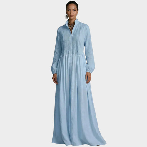 Women’s Long Sleeve Maxi Shirt Dress with Pintuck Detailing and Pockets