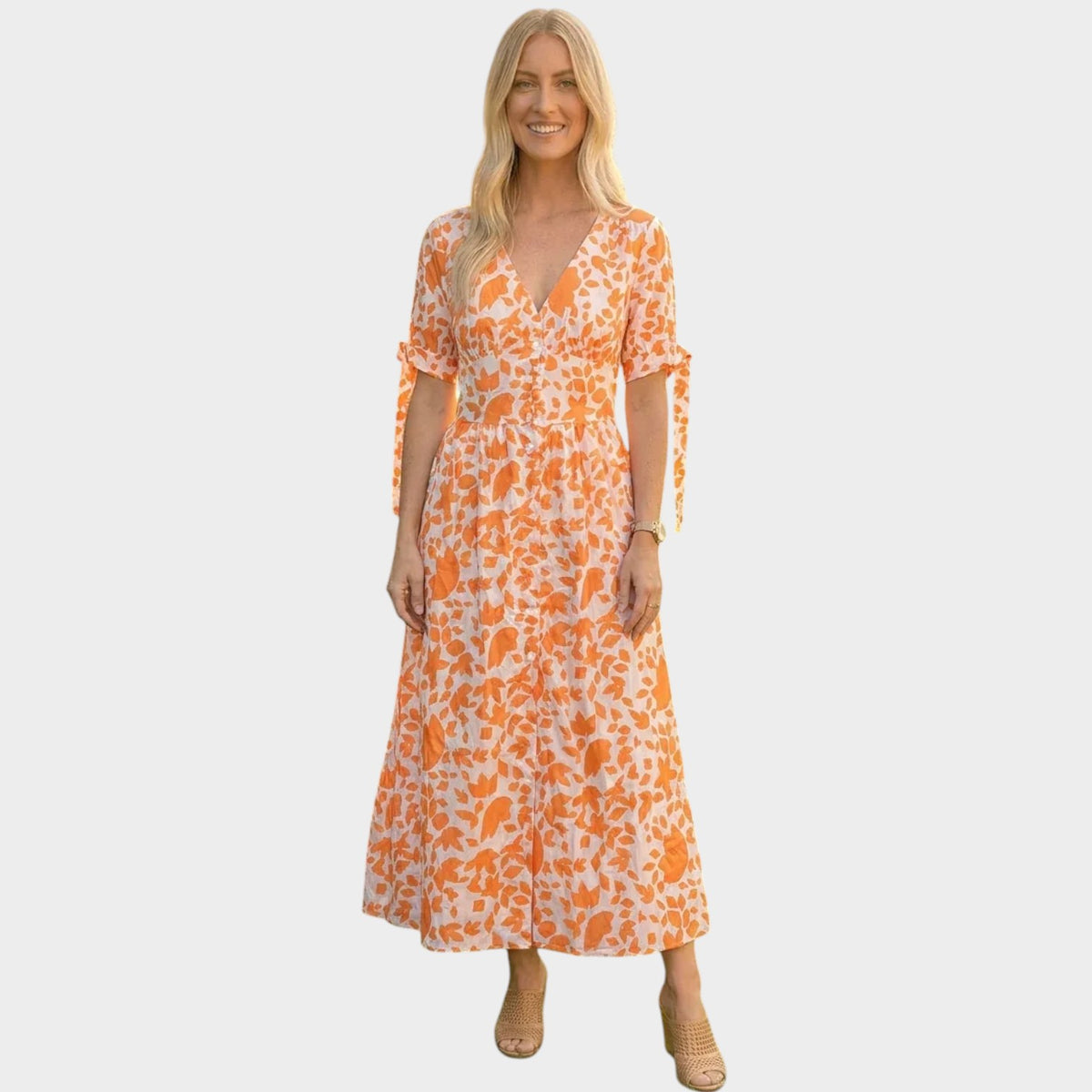 Women’s Floral Midi Dress with V-Neck and Short Sleeves