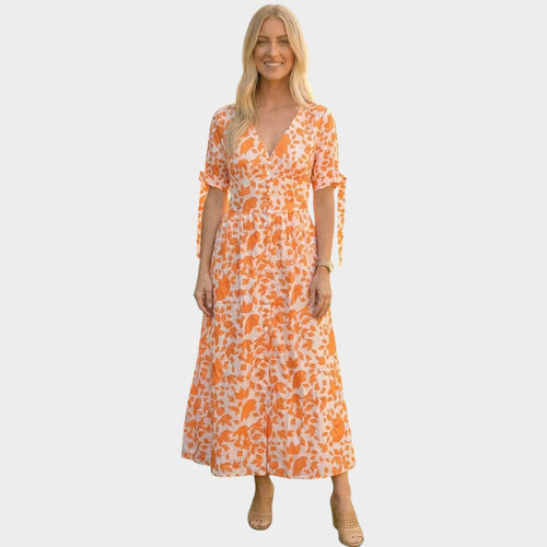 Women’s Floral Midi Dress with V-Neck and Short Sleeves