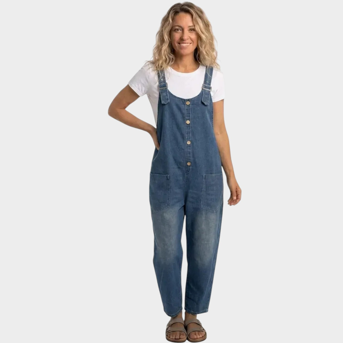 Women’s Denim Overalls Wide-Leg Adjustable Buckle Straps Front Pockets