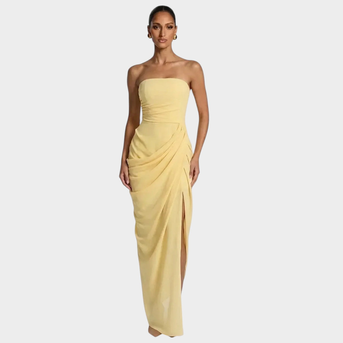 Women’s Strapless Maxi Dress with Draped Waist and Side Slit