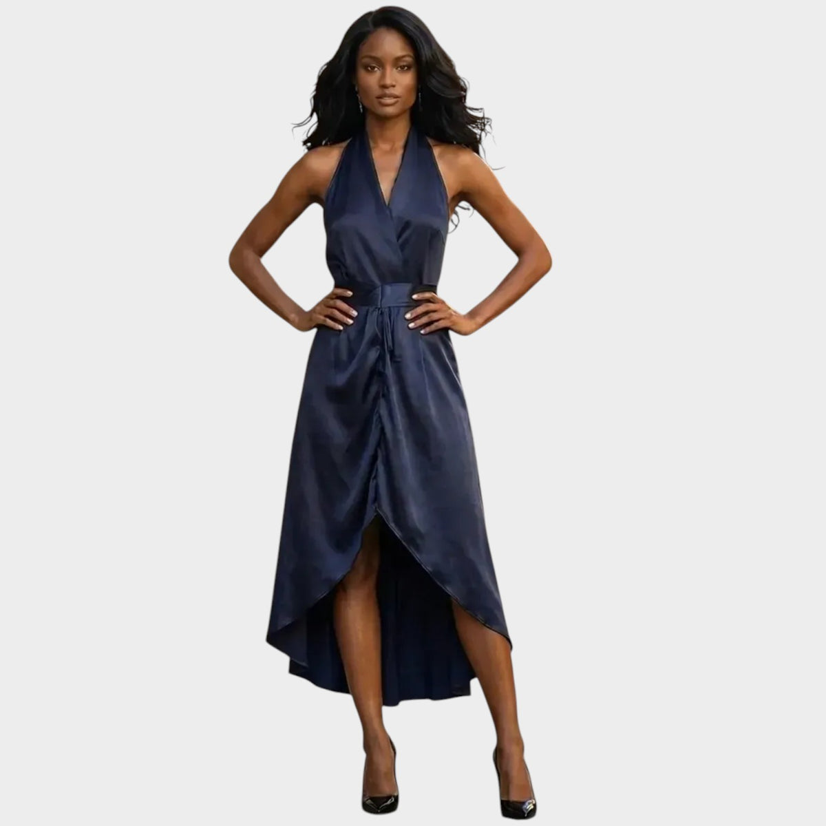 Women’s Formal Maxi Dress with Wrap Waist and High-Low Hem
