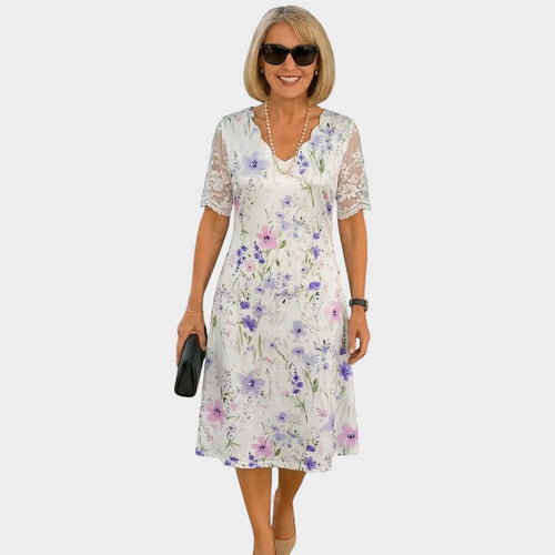 Women’s Floral Midi Dress with Lace Trim and Short Sleeves