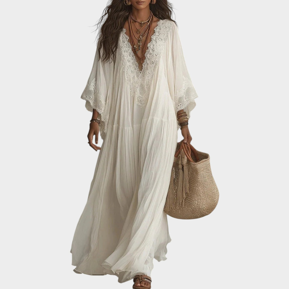 Women’s Lace Trim Maxi Dress with Deep V-Neck and Batwing Sleeves