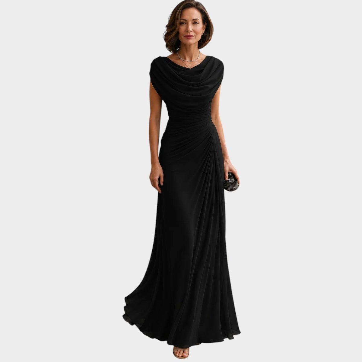 Women’s Ruched Maxi Evening Dress with Draped Cowl Neckline