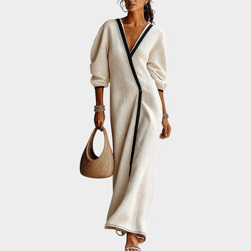 Women’s Linen Blend Maxi Dress with Deep V-Neck, Lantern Sleeves and Contrast Trim