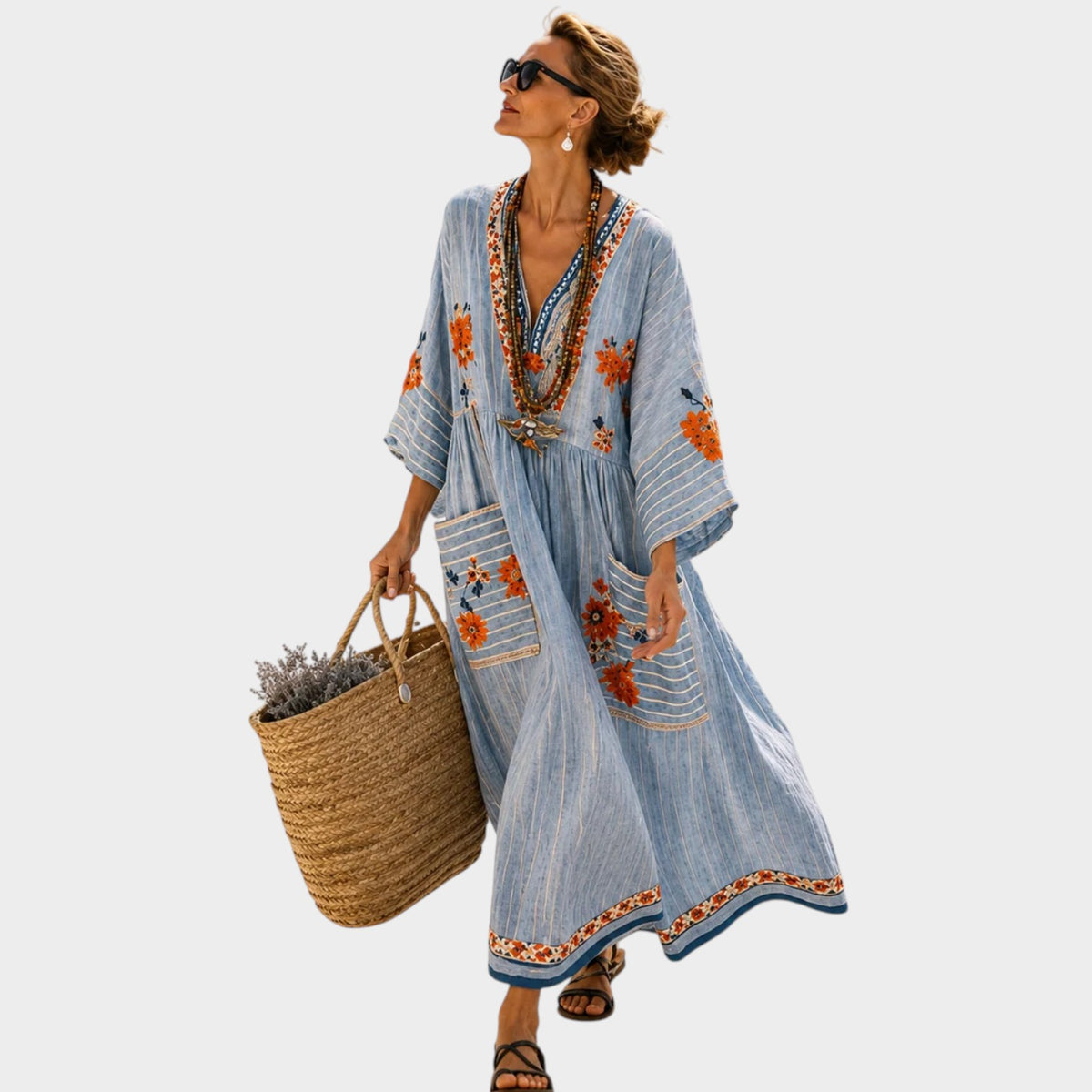Women’s Embroidered Maxi Dress with V-Neck and Wide Sleeves
