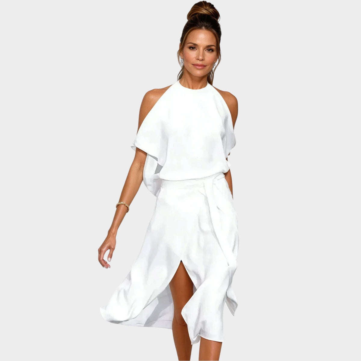 Women’s Asymmetrical Midi Dress with Cold-Shoulder Top and Split Hem