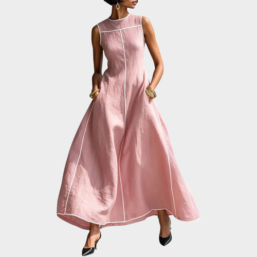 Women’s Sleeveless Maxi Dress with Contrast Trim and Flowing A-Line Skirt