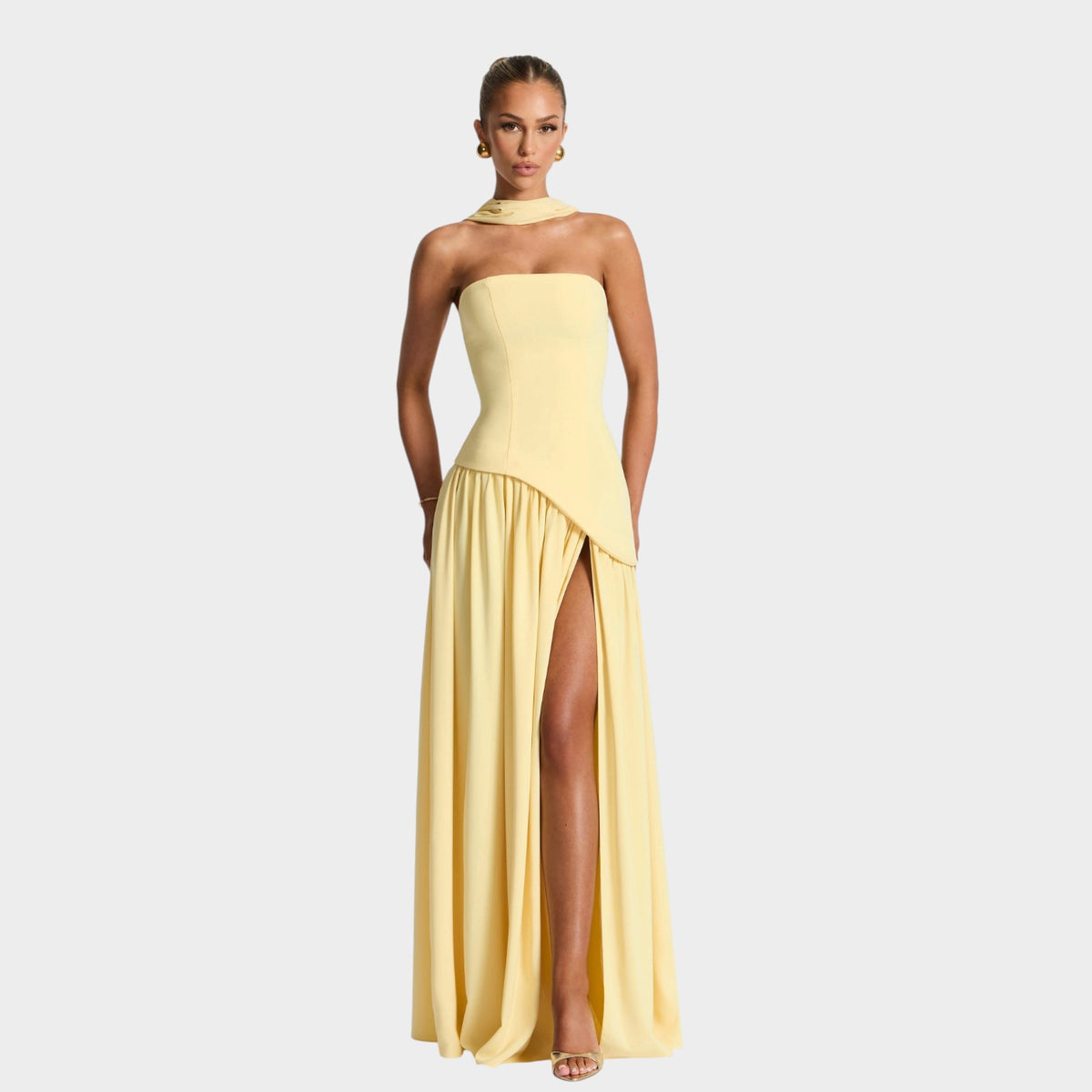 Women’s Strapless Maxi Dress with Corset Bodice and High Front Slit