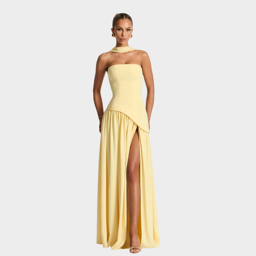 Women’s Strapless Maxi Dress with Corset Bodice and High Front Slit