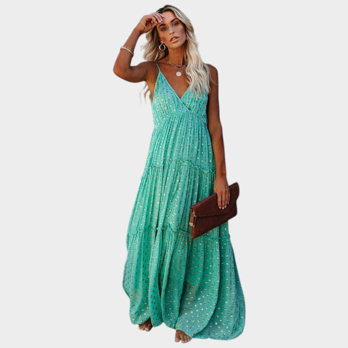 Women’s Floral Maxi Dress with V-Neck, Spaghetti Straps and Tiered Skirt
