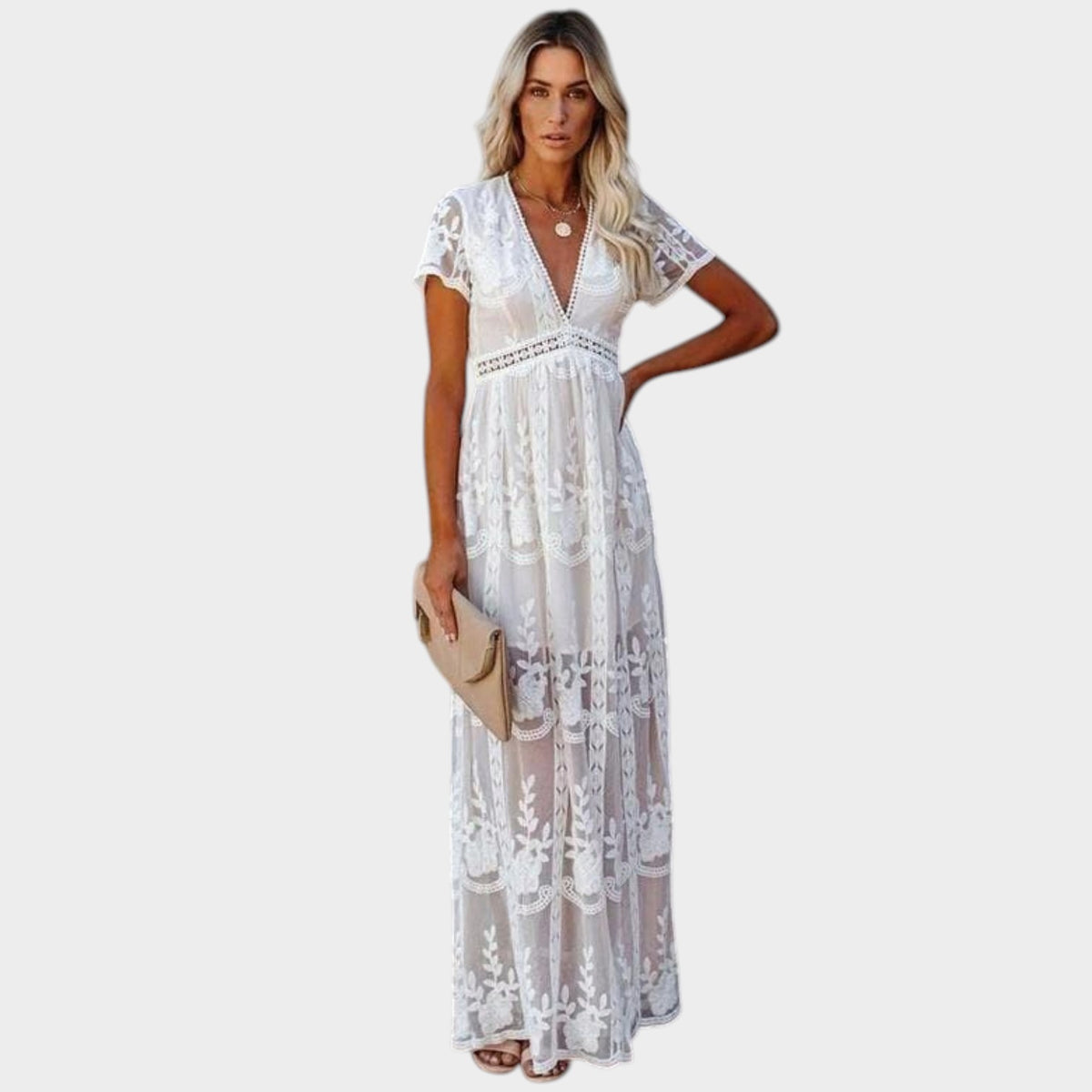 Women’s Lace Maxi Dress with V-Neckline, Short Sleeves and A-Line Skirt