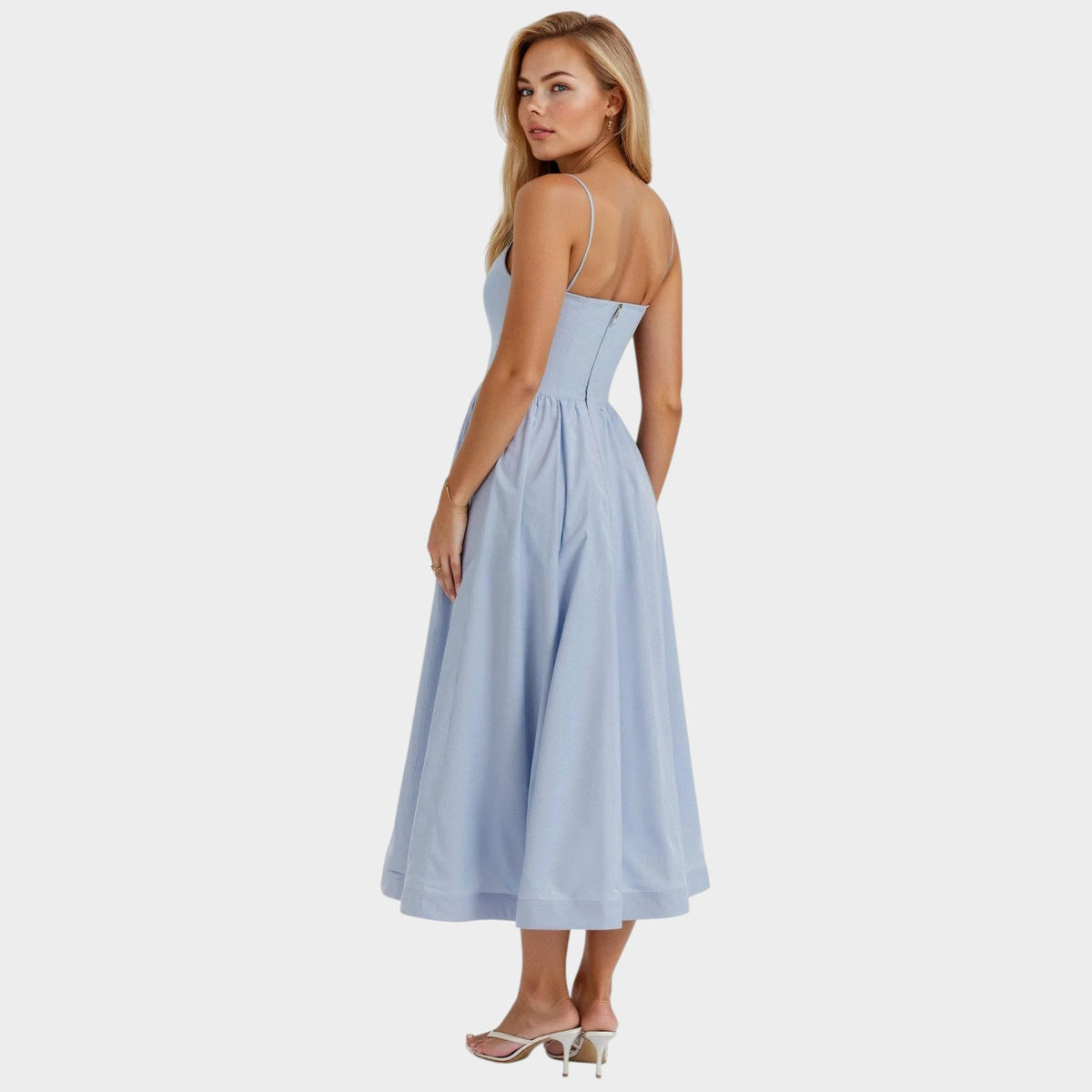 Women’s Sleeveless Midi Dress Square Neckline Flared Skirt