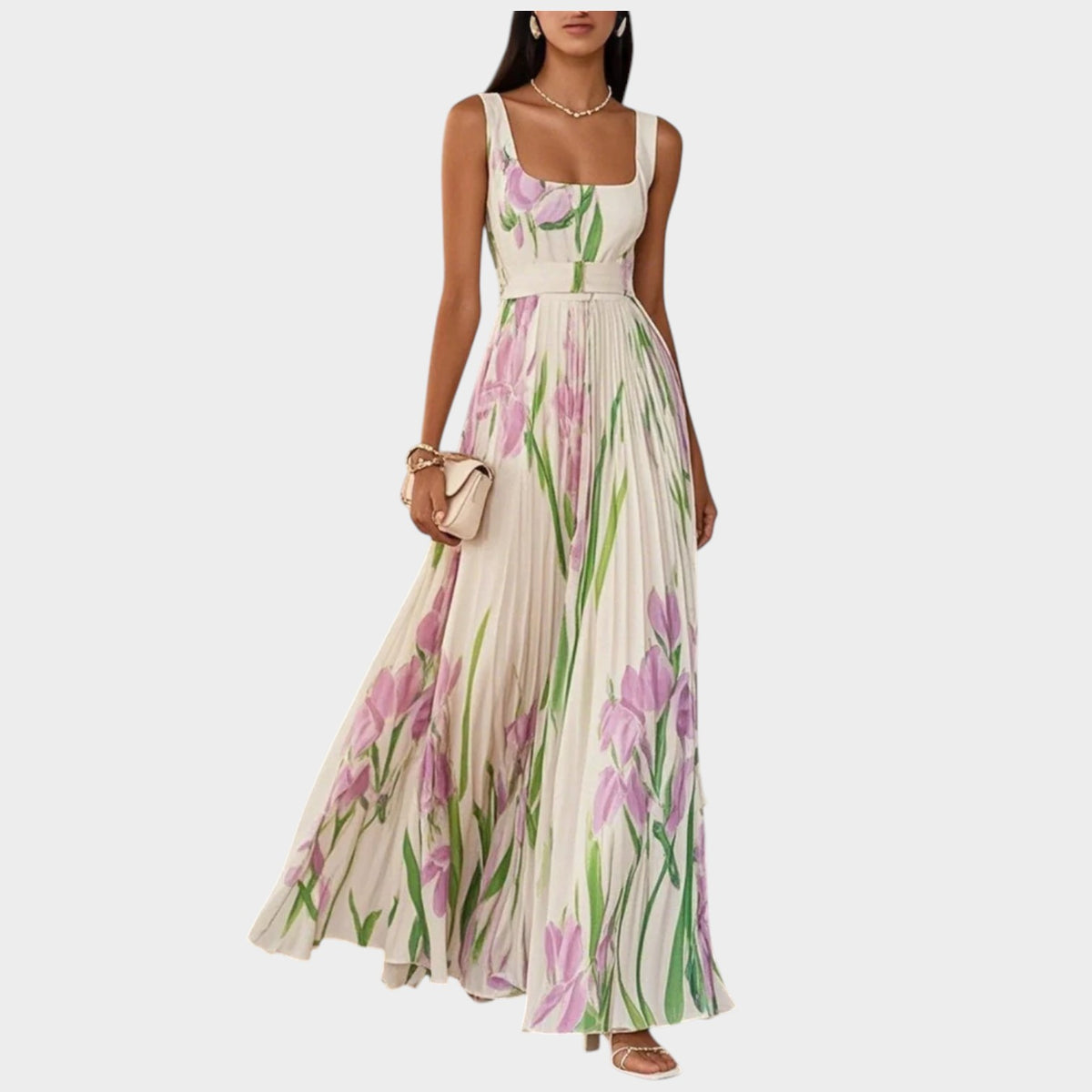 Women’s Floral Pleated Maxi Dress with Square Neckline and Wide Straps