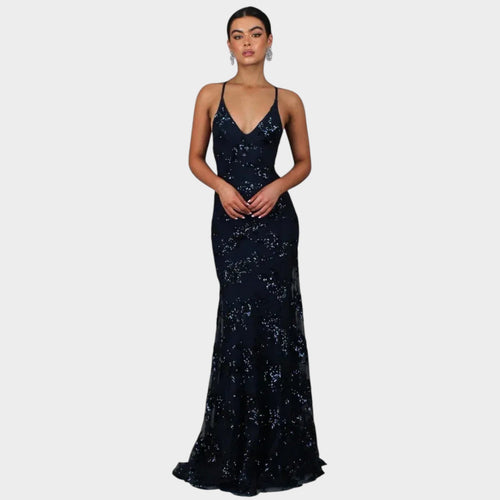 Women’s Sequin Evening Maxi Dress with V-Neck and Cross-Back Straps