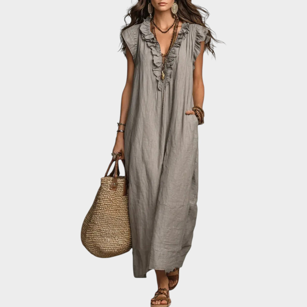 Women’s Linen Maxi Dress with Ruffle V-Neck and Sleeveless Design