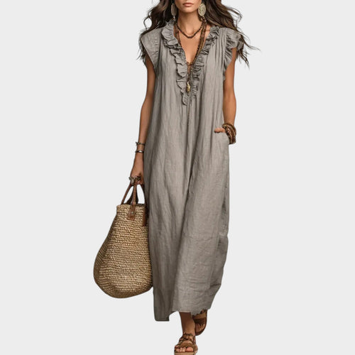 Women’s Linen Maxi Dress with Ruffle V-Neck and Sleeveless Design
