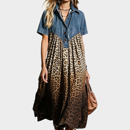 Women’s Leopard Print Midi Dress with Denim-Style Bodice