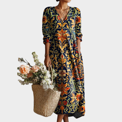 Women’s Floral Print Midi Dress with Long Sleeves and V-Neck