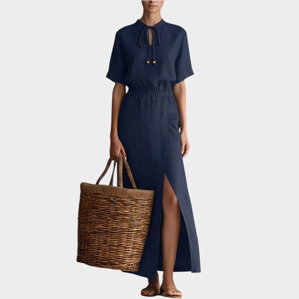 Women’s Linen-Blend Maxi Dress with Tie-Neck Keyhole, Short Sleeves and Side Slit