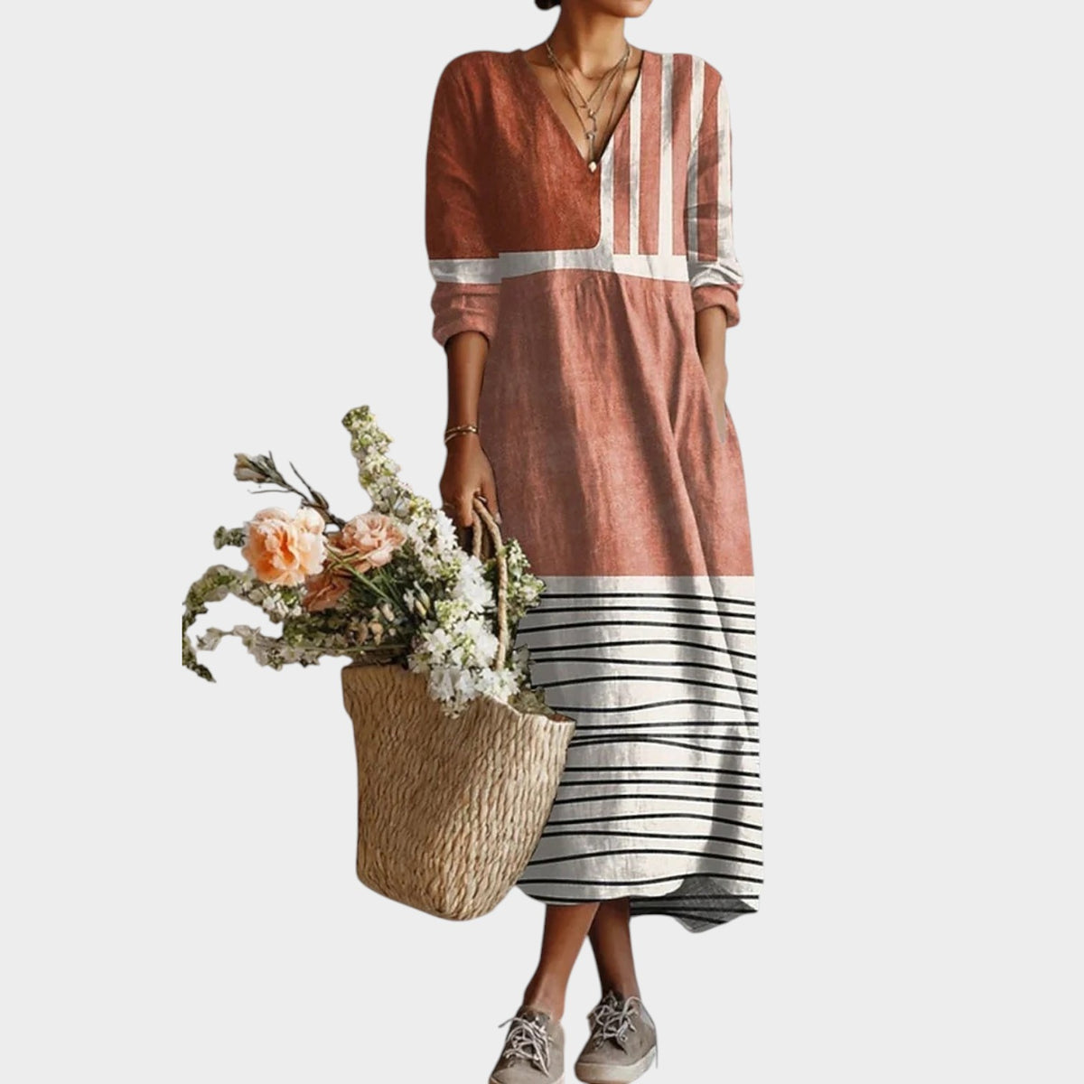 Women’s Colour Block Midi Dress with V-Neck and Long Sleeves